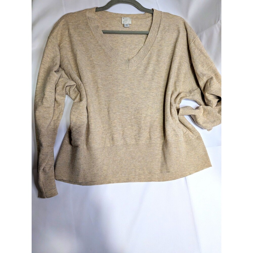 A New Day Women's Beige Solid Knit V-Neck Long Sleeve Pullover Sweater L